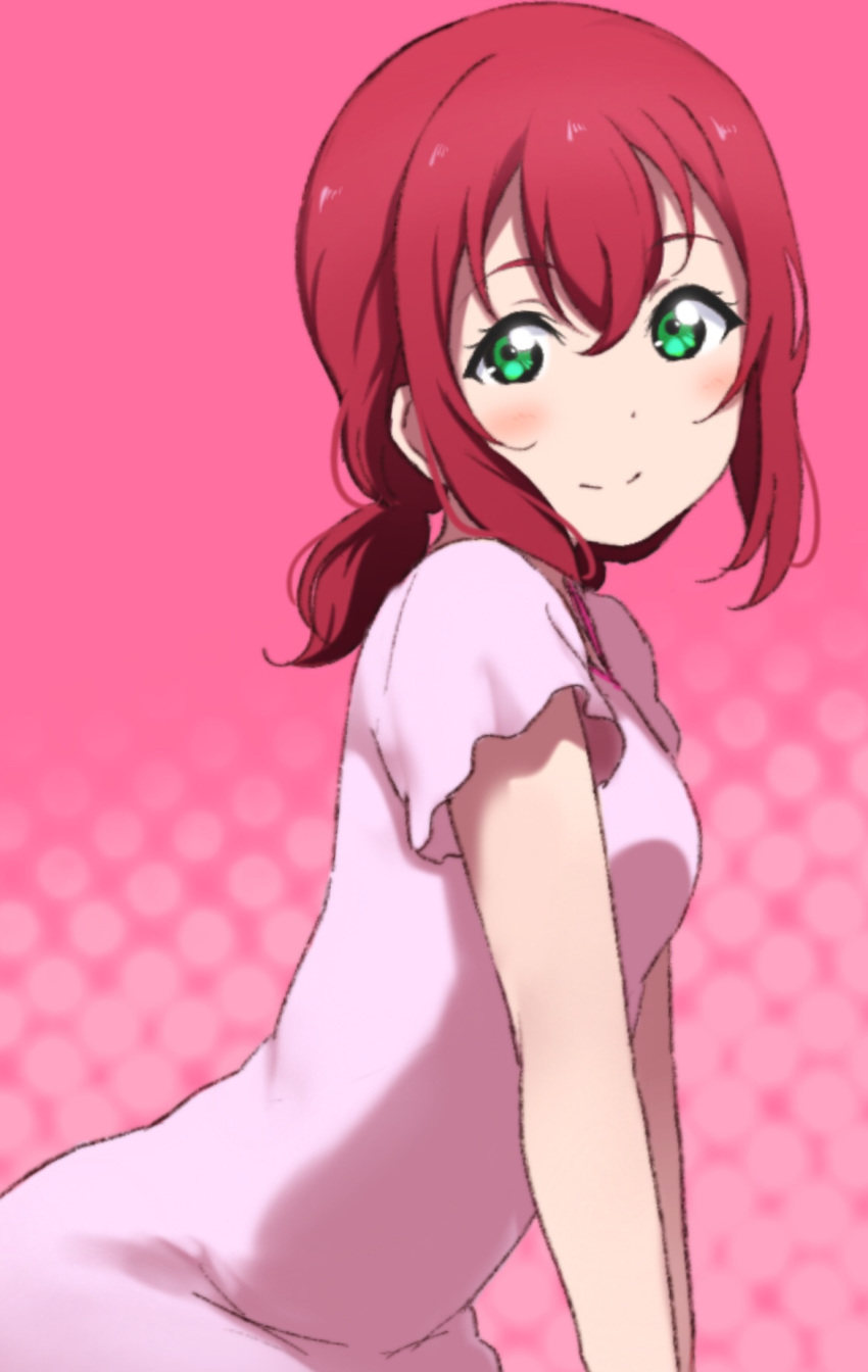 alternate_hairstyle bad_id bad_pixiv_id bangs blush dress green_eyes highres icehotmilktea kurosawa_ruby looking_at_viewer love_live! love_live!_sunshine!! low_twintails medium_hair pink_background pink_dress red_hair short_sleeves sidelocks smile solo twintails