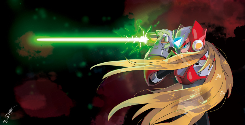 android blonde_hair blue_eyes energy_blade energy_sword gloves helmet highres holding holding_weapon lightsaber long_hair male_focus rockman rockman_x signature solo sumomo sword weapon zero_(rockman)