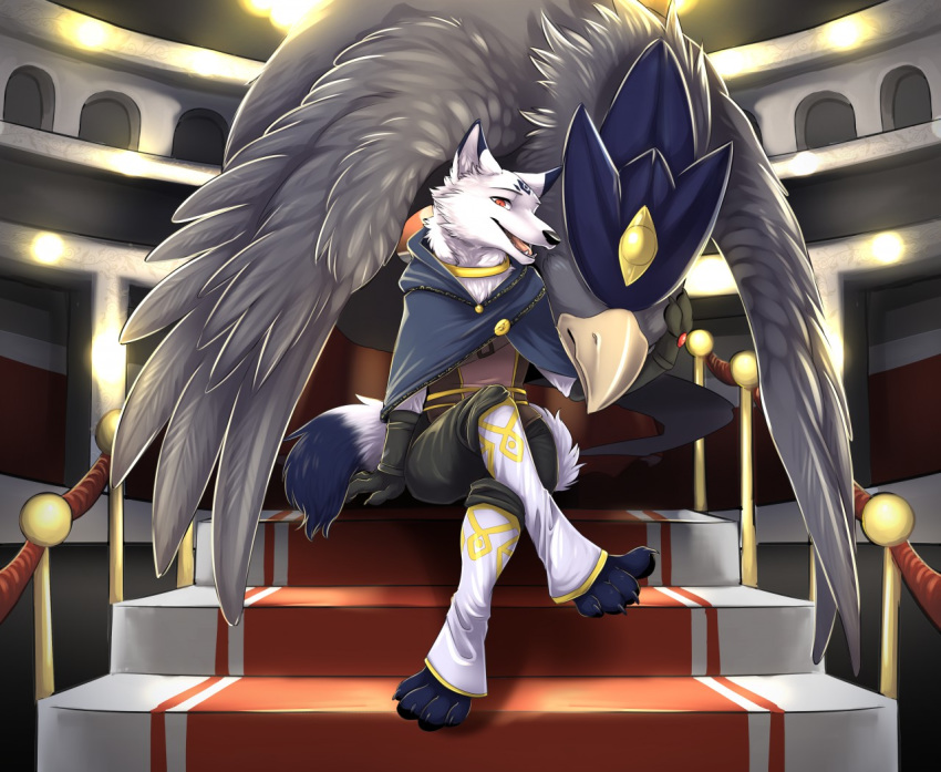 1_eye 2018 anthro avian beak black_nose canine claws clothing collar dipstick_tail feathers feral fox friends fur gloves grey_feathers loa male mammal markings multicolored_tail naga_tsukune open_mouth pose red_eyes sitting smile teeth tongue white_fur wings yellow_eyes