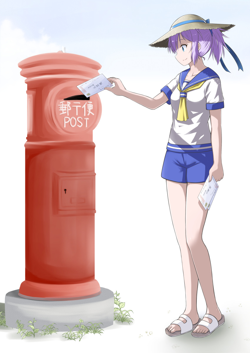 absurdres aoba_(kantai_collection) blue_eyes blue_sailor_collar blue_scrunchie blue_shorts envelope full_body hat highres japanese_cylindrical_postbox japanese_postal_mark kantai_collection neckerchief ponytail postbox_(outgoing_mail) purple_hair sailor_collar sandals school_uniform scrunchie serafuku shochuumimai shorts simple_background solo sosser straw_hat white_background yellow_neckwear