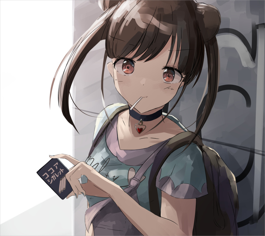 backpack bag black_choker blue_nails blue_shirt blush brown_hair choker cigarette cigarette_box closed_mouth clothes_writing collarbone commentary_request doran_(dorannomai) double_bun fingernails heart heart_choker highres holding idolmaster idolmaster_shiny_colors long_hair looking_at_viewer mouth_hold nail_polish overalls red_eyes shirt short_sleeves side_bun smile solo sonoda_chiyoko standing twintails
