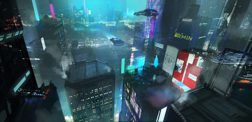 building car city city_lights cityscape commentary cyberpunk dark depth_of_field fantasy ground_vehicle highres motor_vehicle neon_lights night no_humans original police_car scenery science_fiction sign skyscraper zudarts_lee