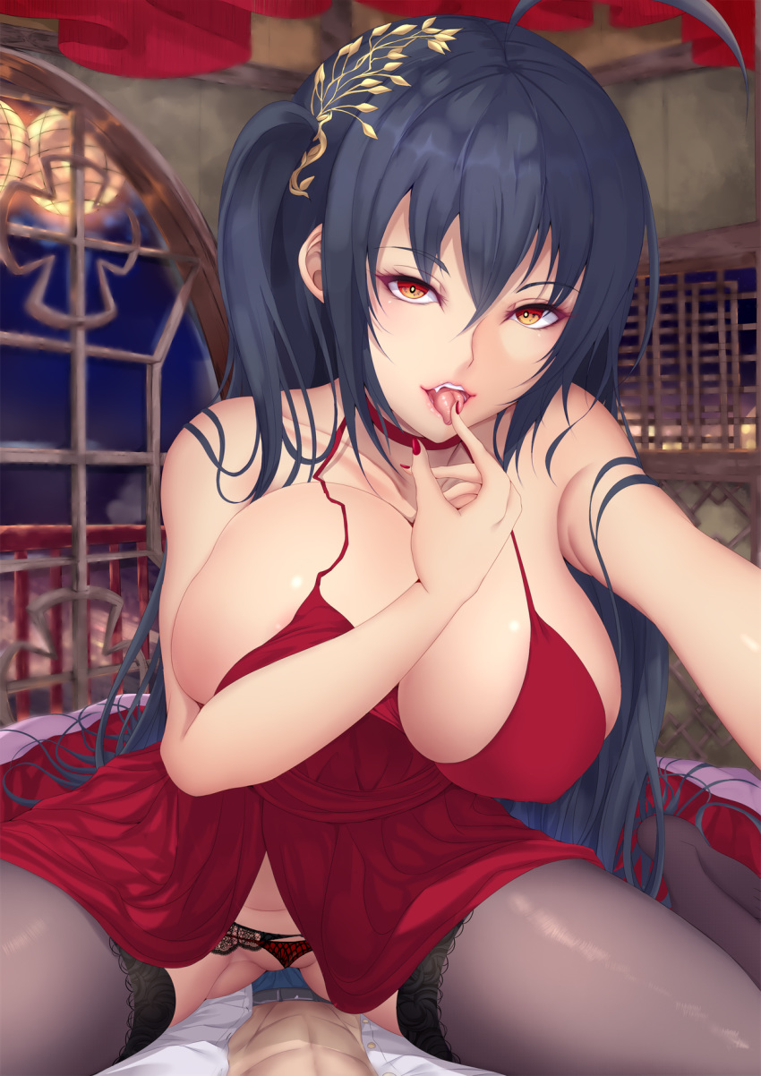 1girl abs ahoge azur_lane bangs bare_shoulders bed belt black_hair black_legwear blush breast_lift breasts buckle choker cleavage cocktail_dress collarbone commentary_request crossed_bangs dress eyebrows_visible_through_hair fangs finger_licking garter_belt hair_between_eyes hair_ornament highres huge_breasts indoors lace lace-trimmed_garter_belt lace-trimmed_thighhighs lantern large_breasts leaning_forward licking long_hair looking_at_viewer muscle night no_shoes one_side_up open_mouth panties panties_aside pants pov red_choker red_dress red_eyes shiro_usagi shirt sidelocks smile straddling taihou_(azur_lane) thighhighs thighs tongue tongue_out unbuttoned unbuttoned_shirt underwear very_long_hair white_shirt window