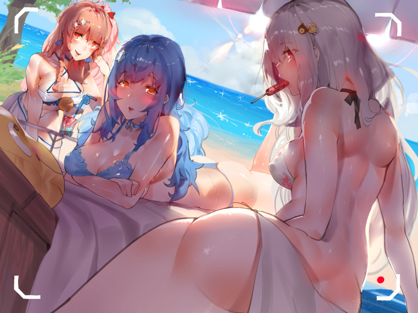 absurdres ass back bangs bare_shoulders beach bear_hair_ornament bikini blue_bikini blue_hair blue_sky blush bow braid breasts closed_mouth commentary covered_nipples day eyebrows_visible_through_hair feet_up food girls_frontline hair_between_eyes hair_bow hair_ornament hair_over_one_eye hair_ribbon hairclip halter_top halterneck hexagram highres huge_filesize large_breasts leaning_forward long_hair looking_at_viewer lying medium_breasts mouth_hold multiple_girls negev_(girls_frontline) ocean on_stomach one_side_up outdoors pink_hair pk_(girls_frontline) red_bow red_eyes ribbon sarong shade shoulder_blades silver_hair sitting sky smile star_of_david swimsuit tar-21_(girls_frontline) thighs untied untied_bikini very_long_hair viewfinder wet white_bikini yellow_eyes yueqin_(monnpiano)