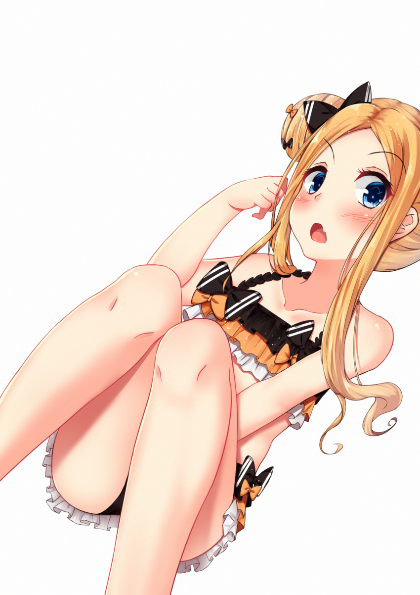 abigail_williams_(fate/grand_order) bangs bare_shoulders bikini black_bikini black_bow blonde_hair blue_eyes blush bow collarbone commentary_request double_bun emerald_float fang fate/grand_order fate_(series) forehead frilled_bikini frills hair_bow highres knees_up legs long_hair looking_at_viewer open_mouth orange_bow parted_bangs simple_background sitting solo striped striped_bow swimsuit thighs white_background zhai_mu_q
