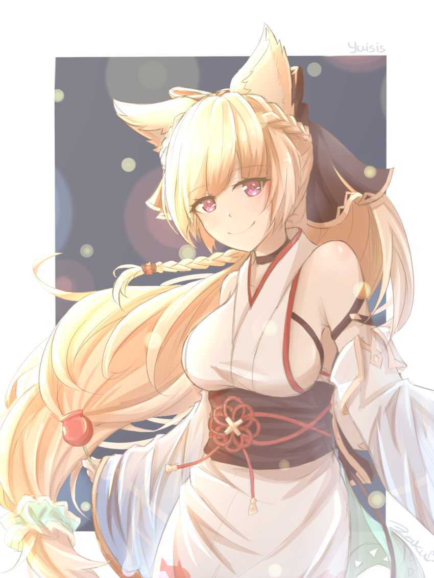 animal_ears artist_name bare_shoulders blonde_hair braid breasts candy_apple character_name closed_mouth commentary detached_sleeves erune eyebrows_visible_through_hair food granblue_fantasy head_tilt highres holding holding_food japanese_clothes kimono long_hair long_sleeves looking_at_viewer medium_breasts obi pink_eyes sash smile solo very_long_hair yuisis_(granblue_fantasy) yukata zakuromu