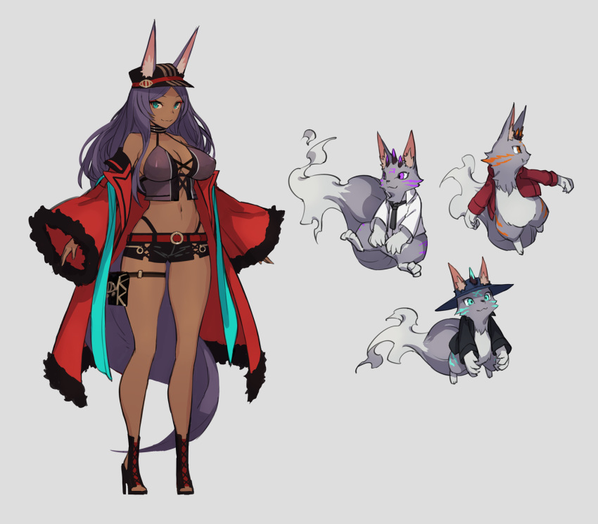 ainezu animal_ear_fluff animal_ears aqua_eyes bare_shoulders belt bracelet breasts choker cleavage commentary_request concept_art dark_skin dollar-cent_shop ears_through_headwear eyeshadow fang fate/grand_order fate_(series) hat high_heels highres jewelry large_breasts legs long_hair makeup midriff navel pouch purple_hair queen_of_sheba_(fate/grand_order) short_shorts shorts simple_background sketch smile solo tail thighs wide_sleeves