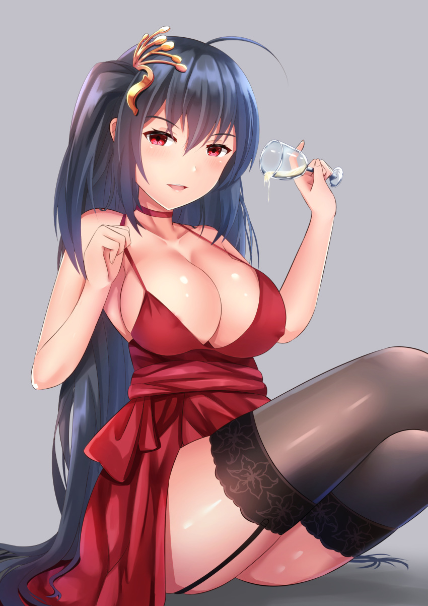 ahoge alcohol alternate_costume areola_slip areolae azur_lane bangs bare_shoulders black_hair black_legwear blush breasts champagne champagne_flute choker cleavage cocktail_dress collarbone commentary_request covered_nipples crossed_legs cup dress dress_tug drinking_glass eyebrows_visible_through_hair f_(milfaaaaa) garter_straps hair_between_eyes hair_ornament halter_dress highres holding holding_cup huge_breasts large_breasts long_hair looking_at_viewer open_mouth pouring red_choker red_dress red_eyes sidelocks sitting skindentation smile solo taihou_(azur_lane) thighhighs thighs very_long_hair