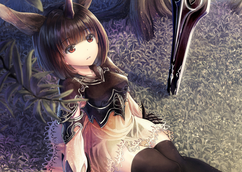 animal_ears brown_eyes brown_hair dress horns moon_al_mi'raj shadowverse short_hair sword tagme_(artist) thighhighs tree weapon