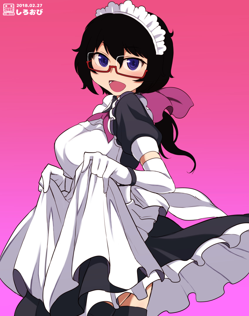 :d alternate_costume apron artist_name black_dress black_eyes black_hair black_legwear commentary_request dated dress elbow_gloves enmaided frilled_dress frills from_side girls_und_panzer glasses gloves gradient gradient_background highres looking_at_viewer maid maid_apron maid_headdress medium_dress medium_hair messy_hair neck_ribbon open_mouth oryou_(girls_und_panzer) partial_commentary pink_background puffy_short_sleeves puffy_sleeves purple_background purple_neckwear red-framed_eyewear ribbon semi-rimless_eyewear shiroobi_(whitebeltmaster) short_ponytail short_sleeves skirt_hold smile solo standing thighhighs under-rim_eyewear watermark white_apron white_gloves