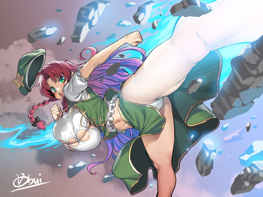 aura beret blue_fire bouncing_breasts braid breasts bursting_breasts cameltoe chinese_clothes cleavage clenched_hands commentary_request fire foreshortening green_eyes green_skirt hat hong_meiling huge_breasts kicking long_hair long_skirt navel no_bra obui panties pantyshot_(kicking) puffy_short_sleeves puffy_sleeves red_hair shirt short_sleeves side_braids signature skirt solo standing standing_on_one_leg star_hat_ornament toned touhou twin_braids underboob undersized_clothes underwear white_panties