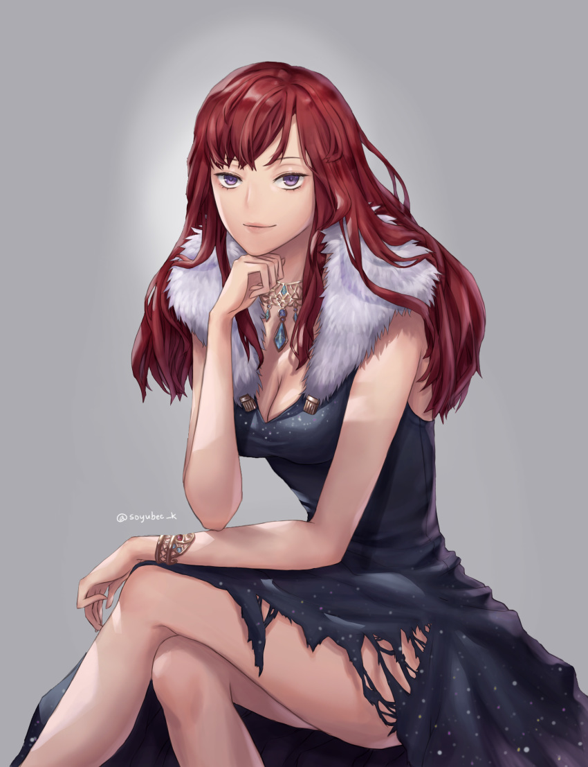 absurdres bad_id bad_pixiv_id black_dress bracelet breasts cleavage crossed_legs dress fur_trim grey_background hand_on_own_chin hand_up highres jewelry long_hair looking_at_viewer necklace original red_hair simple_background sitting solo soyubee twitter_username