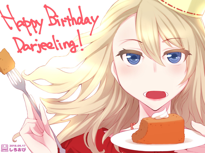 absurdres artist_name blonde_hair blue_eyes cake character_name commentary darjeeling dated english eyebrows_visible_through_hair food fork girls_und_panzer happy_birthday hat highres holding holding_fork holding_plate jewelry light_smile long_hair looking_at_viewer necklace open_mouth plate portrait red_shirt shiroobi_(whitebeltmaster) shirt solo watermark wind wind_lift yellow_hat