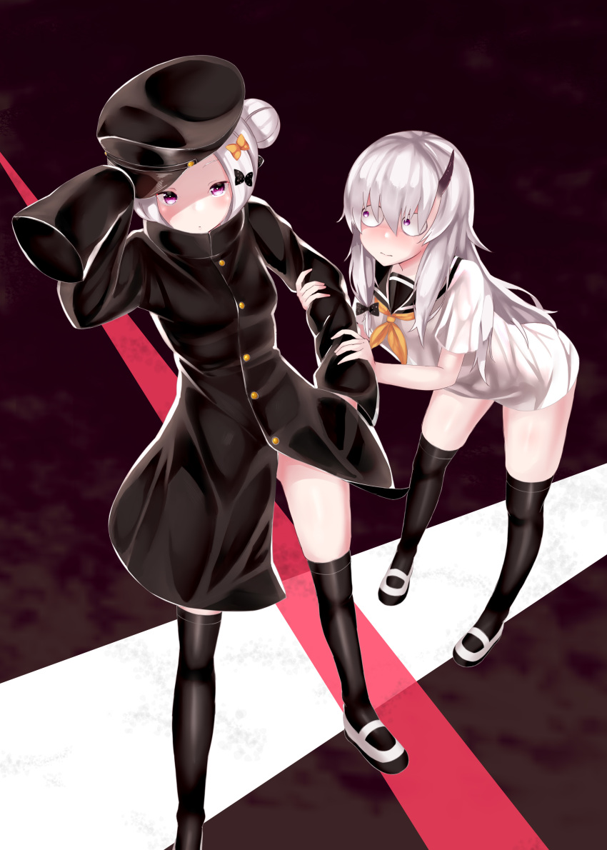 abigail_williams_(fate/grand_order) absurdres arm_grab arm_up bangs black_bow black_hat black_jacket black_legwear black_sailor_collar blush bow closed_mouth commentary_request dress eyebrows_visible_through_hair fate/grand_order fate_(series) fingernails forehead hair_between_eyes hair_bow hair_bun hand_up hat highres horn jacket lavinia_whateley_(fate/grand_order) leaning_forward long_hair long_sleeves looking_at_another looking_at_viewer multiple_girls neckerchief orange_bow orange_neckwear parted_bangs peaked_cap pikunoma polka_dot polka_dot_bow purple_eyes sailor_collar sailor_dress shoes side_bun silver_hair sleeves_past_fingers sleeves_past_wrists standing thighhighs uwabaki very_long_hair white_dress white_footwear wide-eyed