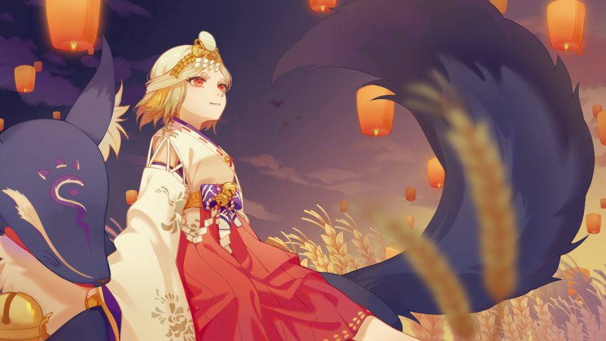 bell bird blurry blurry_foreground chinese_commentary cloud commentary_request depth_of_field detached_sleeves eyebrows hair_ornament hakama highres japanese_clothes jingle_bell kouhaku_nawa lantern limao_jun long_sleeves looking_away looking_up miketsu_(onmyoji) miko mole mole_under_mouth night night_sky onmyoji outdoors paper_lantern red_eyes red_hakama ribbon-trimmed_clothes ribbon_trim shide short_eyebrows short_hair sky sky_lantern twilight wheat white_hair wide_sleeves