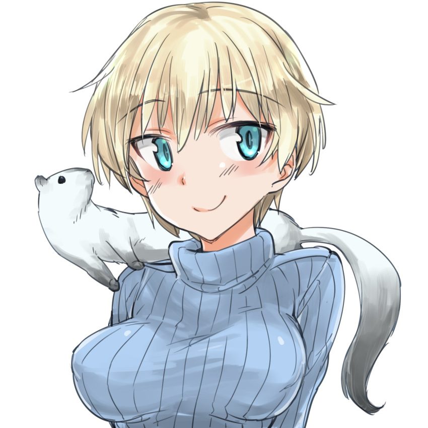 aohashi_ame arms_behind_back bangs blonde_hair blue_eyes blue_sweater breasts closed_mouth commentary_request eyebrows_visible_through_hair highres looking_at_viewer medium_breasts nikka_edvardine_katajainen ribbed_sweater short_hair simple_background smile solo strike_witches sweater turtleneck turtleneck_sweater upper_body weasel white_background world_witches_series