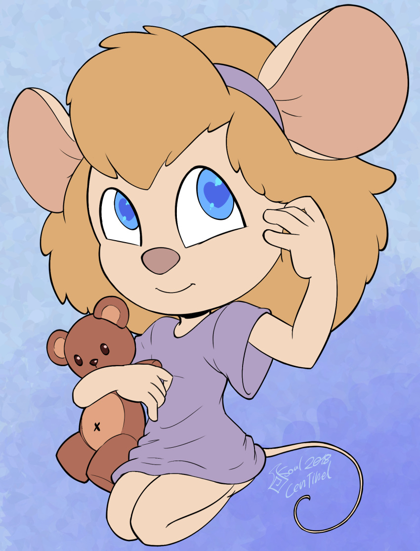 anthro blue_eyes chip_'n_dale_rescue_rangers clothing cub cute disney female fluffy gadget_hackwrench hair hairband mammal mouse rodent short_hair simple_background smile solo soulcentinel young