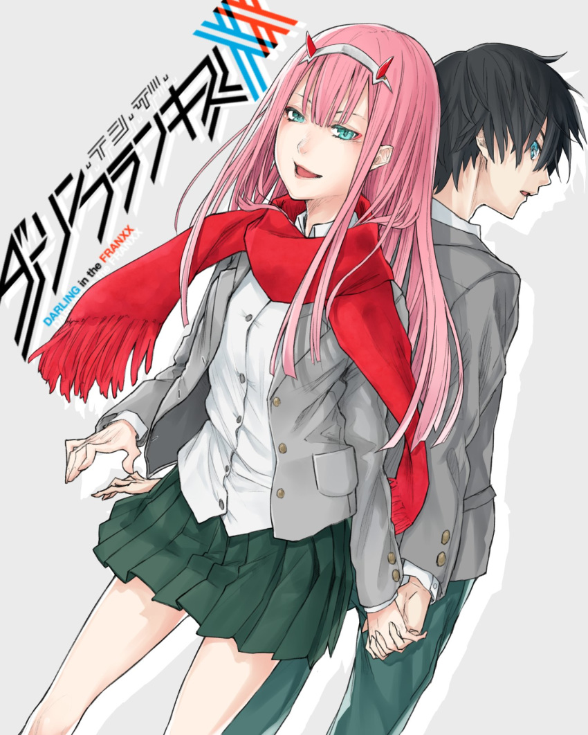 1boy 1girl absurdres back-to-back black_hair blue_eyes commentary_request couple darling_in_the_franxx green_eyes green_pants green_skirt grey_jacket hand_holding highres hiro_(darling_in_the_franxx) horns jacket long_hair looking_back oni_horns open_clothes open_jacket pants pink_hair red_scarf scarf school_uniform skirt trulymoon zero_two_(darling_in_the_franxx)