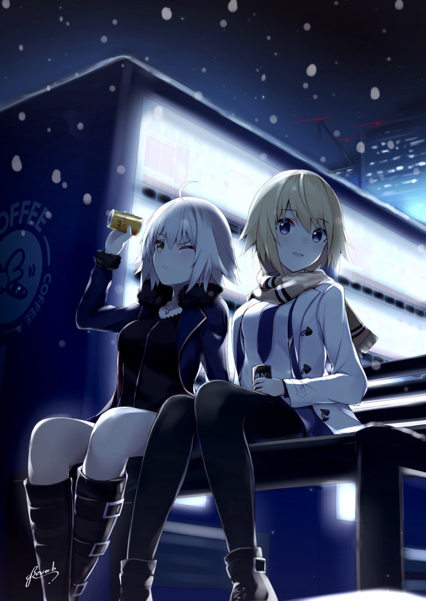 :d ;/ bangs bee_doushi bench black_dress black_footwear black_legwear blonde_hair blush boots breasts brown_eyes brown_scarf building can canned_coffee closed_mouth coat collarbone commentary_request dress eyebrows_visible_through_hair fate/grand_order fate_(series) fringe_trim glowing hair_between_eyes highres holding holding_can jacket jeanne_d'arc_(alter)_(fate) jeanne_d'arc_(fate) jeanne_d'arc_(fate)_(all) jewelry knee_boots medium_breasts multiple_girls necktie night night_sky on_bench one_eye_closed open_clothes open_coat open_mouth outdoors pantyhose park_bench pendant purple_eyes purple_jacket purple_neckwear purple_skirt scarf shirt short_hair signature silver_hair sitting skirt sky skyscraper smile snow snowing star_(sky) starry_sky vending_machine white_coat white_shirt wicked_dragon_witch_ver._shinjuku_1999 winter winter_clothes winter_coat