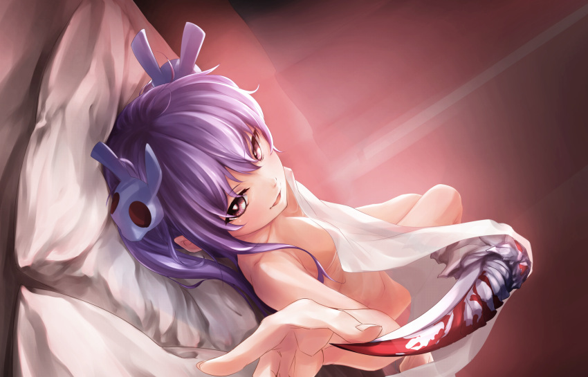 bare_shoulders bed bed_sheet blood bloody_weapon breasts bunny_hair_ornament hair_ornament highres indoors long_hair looking_at_viewer lying memento_(sennen_sensou_aigis) on_back open_mouth pi_(pnipippi) pillow purple_eyes purple_hair revision scythe sennen_sensou_aigis skull_hair_ornament small_breasts smile solo twintails underwear weapon