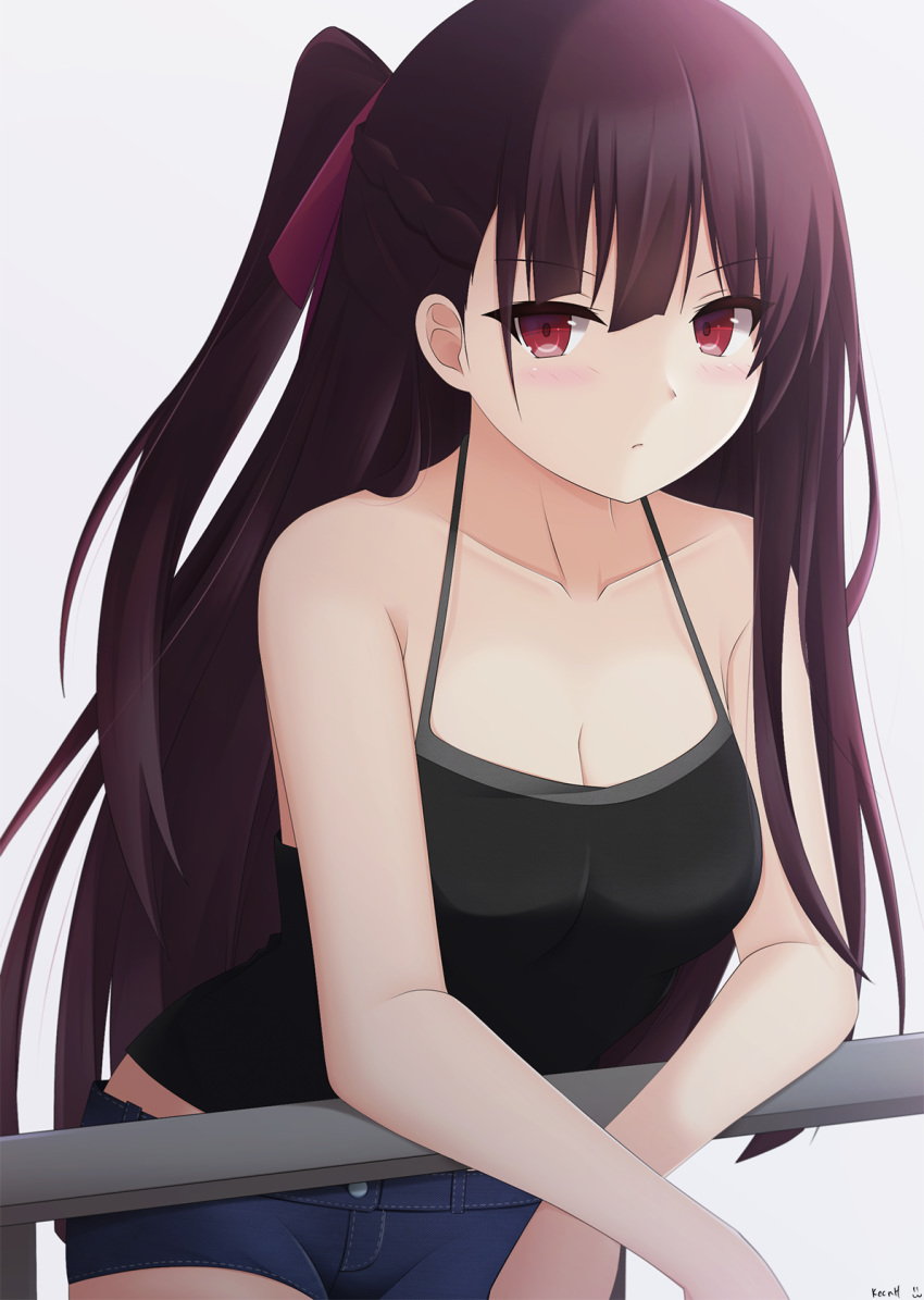 alternate_costume bangs bare_shoulders black_singlet blue_shorts blush braid breasts casual cleavage closed_mouth collarbone commentary denim denim_shorts eyebrows_visible_through_hair french_braid girls_frontline grey_background hair_ribbon highres keenh large_breasts leaning_on_rail long_hair looking_at_viewer one_side_up purple_hair red_eyes red_ribbon ribbon short_shorts shorts signature simple_background singlet solo tsurime very_long_hair wa2000_(girls_frontline)