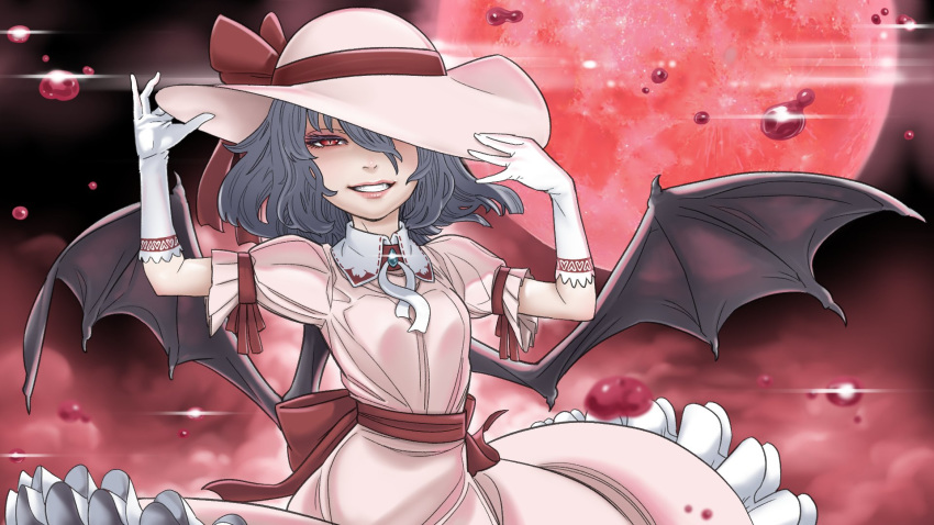 adjusting_clothes adjusting_hat alternate_costume animal_print bat_print bat_wings blood bow dress elbow_gloves frilled_dress frills gloves grey_hair grin half-closed_eyes hand_on_headwear hat hat_over_one_eye hat_ribbon heart heart_print highres jewelry kawayabug lips looking_at_viewer moon night night_sky pink_dress pink_hat red_bow red_eyes red_moon red_ribbon remilia_scarlet ribbon sky smile solo sun_hat touhou white_gloves wings