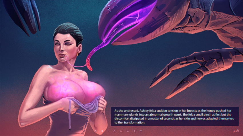 alien areola ashley_williams bestiality big_breasts breast_expansion breasts clothed clothing digital_media_(artwork) duo english_text expansion female feral goo_(disambiguation) growth huge_breasts human interspecies mammal mass_effect neon not_furry orionart rachni rachni_queen simple_background text text_box tongue tongue_out undressing unknown_species video_games