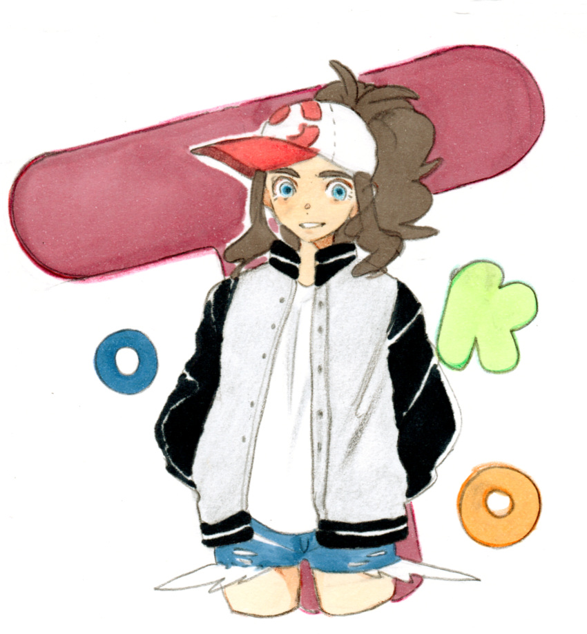 baseball_cap blue_eyes blue_shorts brown_hair canari commentary_request cowboy_shot cropped_legs denim denim_shorts exposed_pocket grey_jacket hands_in_pockets hat high_ponytail highres jacket letterman_jacket long_hair looking_at_viewer medium_request open_clothes open_jacket poke_ball_symbol pokemon pokemon_(game) pokemon_bw ripped_jeans shirt short_shorts shorts smile solo standing touko_(pokemon) white_shirt