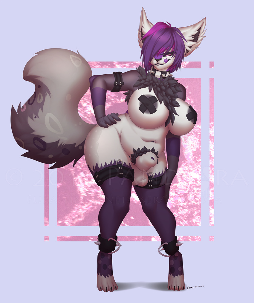 animal_genitalia anthro balls big_breasts breasts collar dickgirl feline fully_sheathed huge_breasts intersex looking_at_viewer mammal nipple_tape overweight overweight_dickgirl pandora_(artist) pasties pubes sheath smile solo standing tape thick_thighs