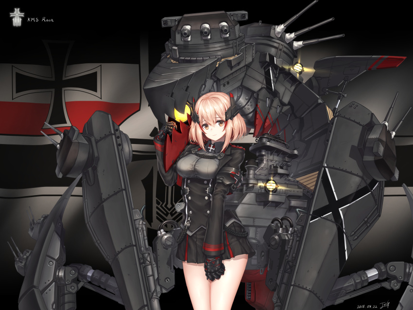 absurdres azur_lane baek_hyang bangs banner black_jacket black_skirt blonde_hair blush breasts brown_eyes cannon character_name collared_jacket commentary_request corset cowboy_shot dated eyebrows_visible_through_hair flag framed_breasts hair_between_eyes hand_up headgear highres iron_cross jacket large_breasts long_sleeves looking_at_viewer machinery md5_mismatch mechanical_hands miniskirt multicolored_hair pleated_skirt red_hair rigging roon_(azur_lane) searchlight shirt short_hair sidelocks signature skirt smile solo streaked_hair taut_clothes turret