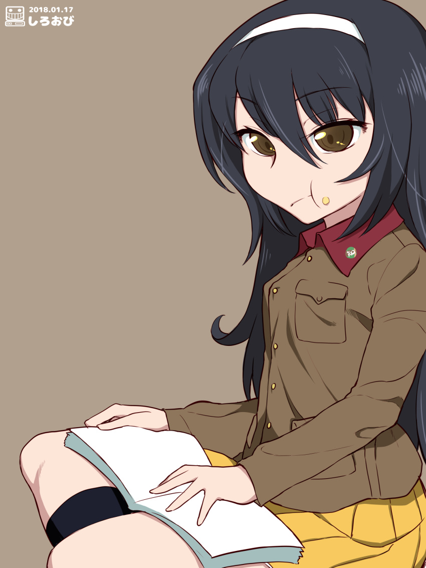 :t artist_name bangs black_footwear black_hair book boots brown_background brown_eyes brown_jacket chi-hatan_(emblem) chi-hatan_military_uniform closed_mouth commentary dated emblem eyebrows_visible_through_hair food food_on_face from_side girls_und_panzer hairband highres holding holding_book indian_style jacket long_hair long_sleeves looking_at_viewer military military_uniform miniskirt pleated_skirt reizei_mako shiroobi_(whitebeltmaster) simple_background sitting skirt solo uniform watermark white_hairband yellow_skirt