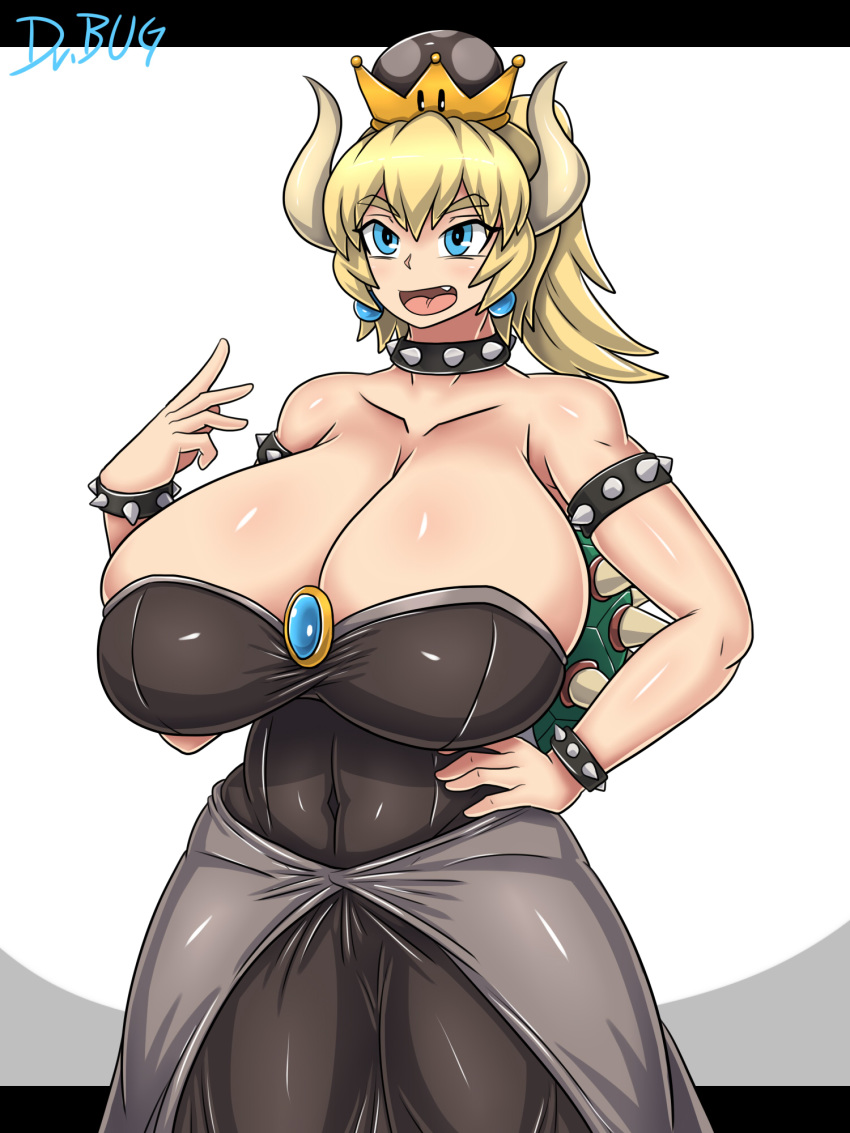 blonde_hair blue_eyes borrowed_design bowsette bracelet breasts cleavage collar commentary_request crown dr._omonemushi dress earrings eyebrows_visible_through_hair highres horns huge_breasts jewelry mario_(series) new_super_mario_bros._u_deluxe open_mouth ponytail signature spiked_bracelet spiked_collar spikes super_crown super_mario_bros. thick_eyebrows tight_dress turtle_shell