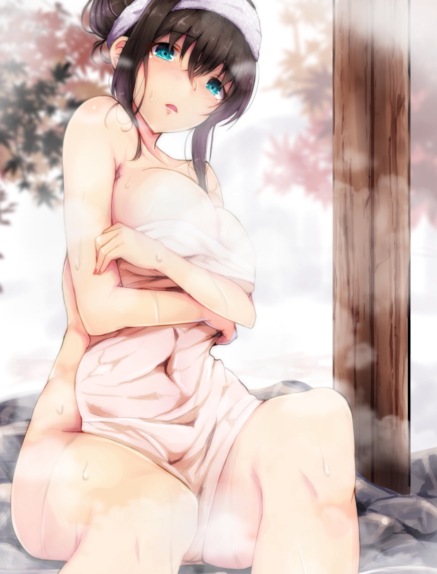 arm_under_breasts bangs bare_shoulders black_hair blue_eyes blush breasts collarbone commentary_request covering covering_breasts eyebrows_visible_through_hair hair_between_eyes hair_up hairband highres idolmaster idolmaster_cinderella_girls large_breasts legs long_hair looking_at_viewer onsen open_mouth outdoors rock ryuu. sagisawa_fumika sitting steam towel tree water