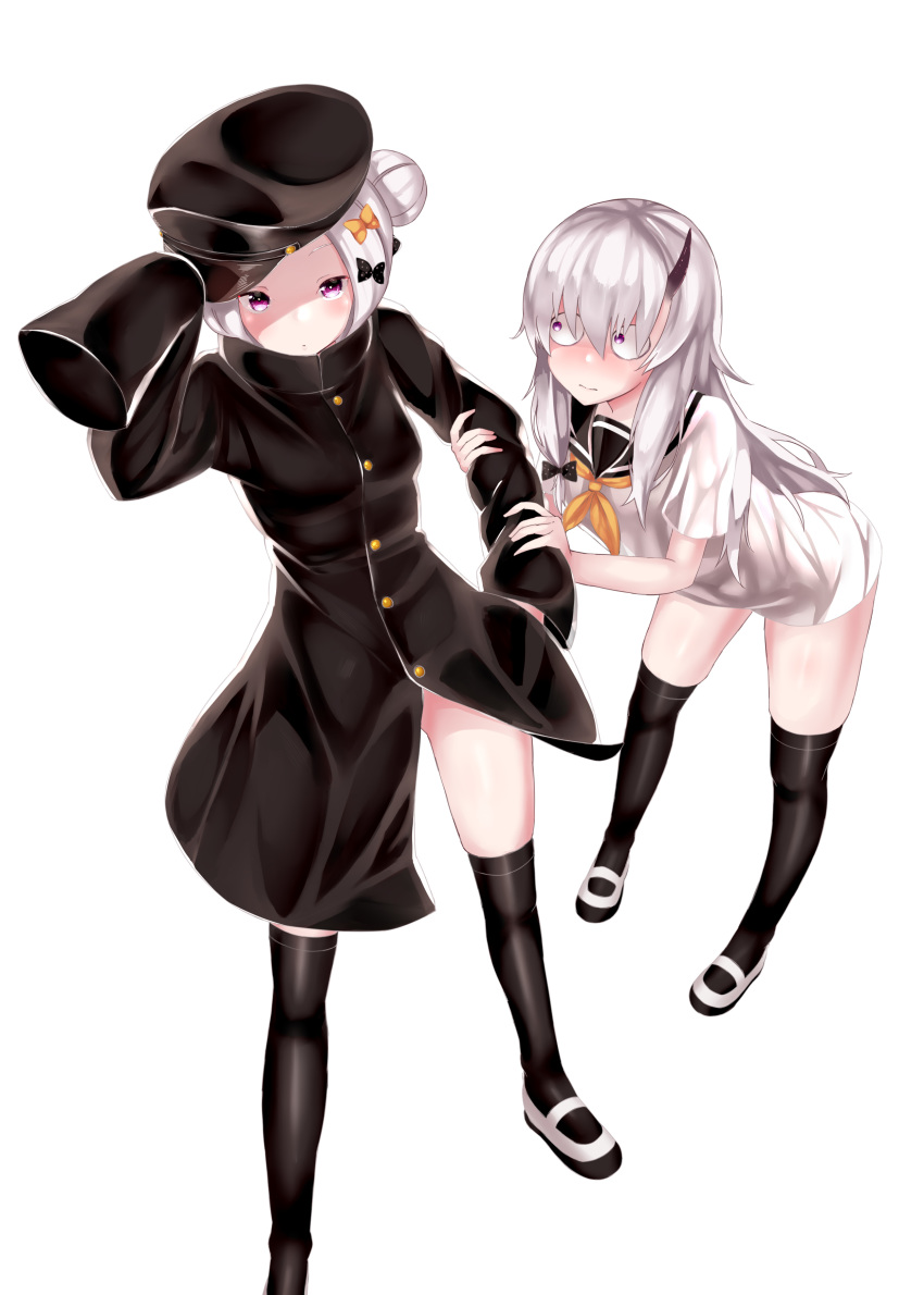 abigail_williams_(fate/grand_order) absurdres arm_grab arm_up bangs black_bow black_hat black_jacket black_legwear black_sailor_collar blush bow closed_mouth dress eyebrows_visible_through_hair fate/grand_order fate_(series) fingernails forehead hair_between_eyes hair_bow hair_bun hand_up hat highres horn jacket lavinia_whateley_(fate/grand_order) leaning_forward long_hair long_sleeves looking_at_another looking_at_viewer multiple_girls neckerchief orange_bow orange_neckwear parted_bangs peaked_cap pikunoma polka_dot polka_dot_bow purple_eyes sailor_collar sailor_dress shoes side_bun silver_hair simple_background sleeves_past_fingers sleeves_past_wrists standing thighhighs uwabaki very_long_hair white_background white_dress white_footwear wide-eyed