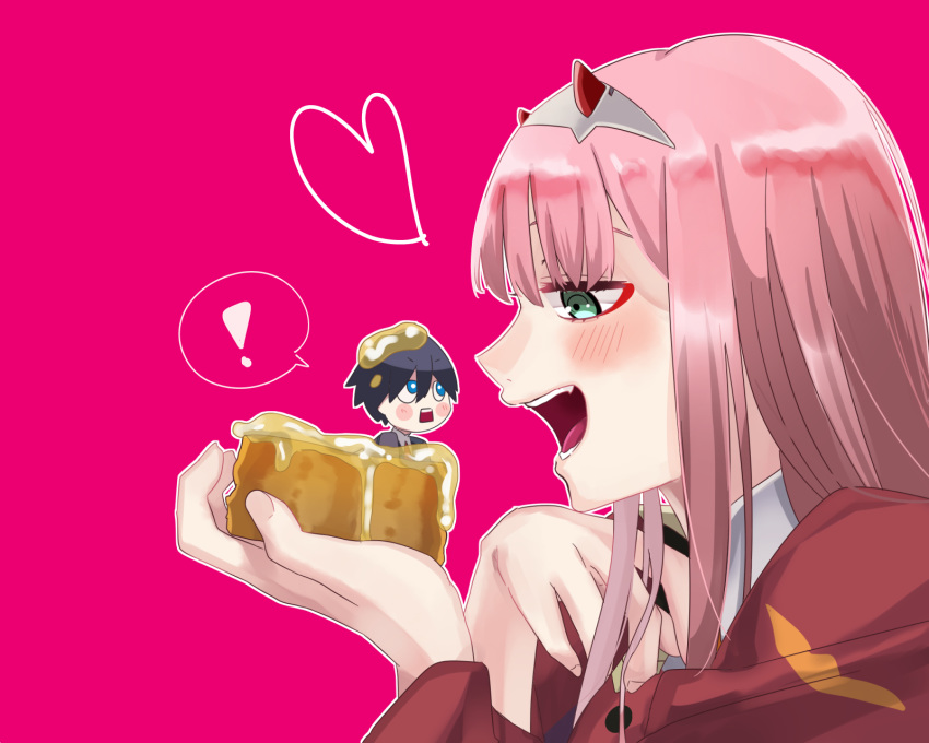 1boy 1girl bangs black_hair blue_eyes blush blush_stickers commentary_request couple darling_in_the_franxx fang food green_eyes hair_ornament hairband hand_up heart hetero highres hiro_(darling_in_the_franxx) holding holding_food holding_person honey horns in_food long_hair long_sleeves looking_at_another military military_uniform miniboy necktie oni_horns open_mouth pink_background pink_hair profile protected_link red_horns red_neckwear size_difference spoken_exclamation_mark syr5anx3 toast uniform white_hairband zero_two_(darling_in_the_franxx)