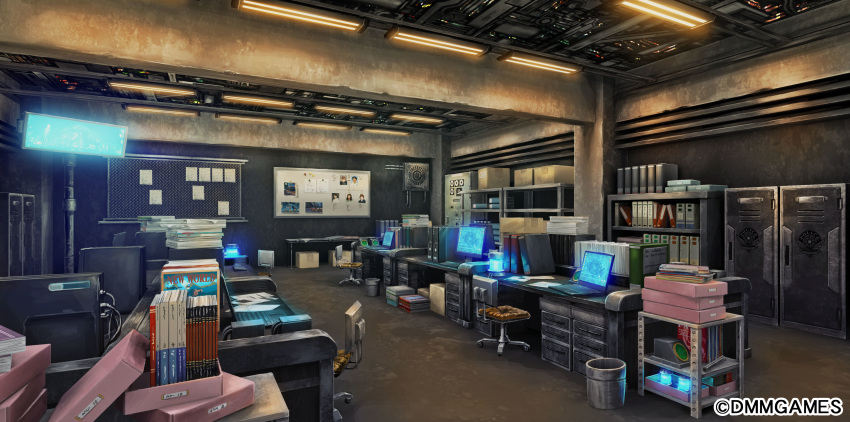 air_conditioner binder book chair computer desk dmm glowing highres indoors laptop locker monitor no_humans office office_chair police portrait_(object) rapt_(47256) ryuusei_world_actor scenery screen_light trash_can