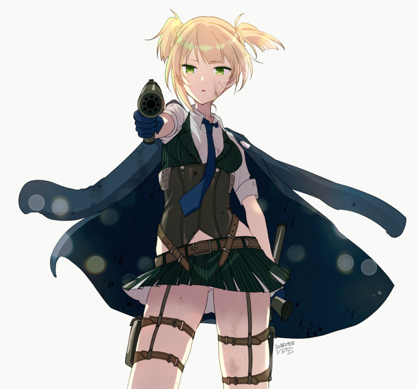 aiming_at_viewer ass_visible_through_thighs blonde_hair blue_gloves blue_neckwear breasts dated garter_straps girls_frontline gloves green_eyes gun hiroichi holding holding_gun holding_weapon jacket_on_shoulders looking_at_viewer medium_breasts necktie panties pantyshot pantyshot_(standing) shirt short_hair signature simple_background skindentation solo standing thigh_strap two_side_up underwear weapon welrod_mk2_(girls_frontline) white_background white_shirt