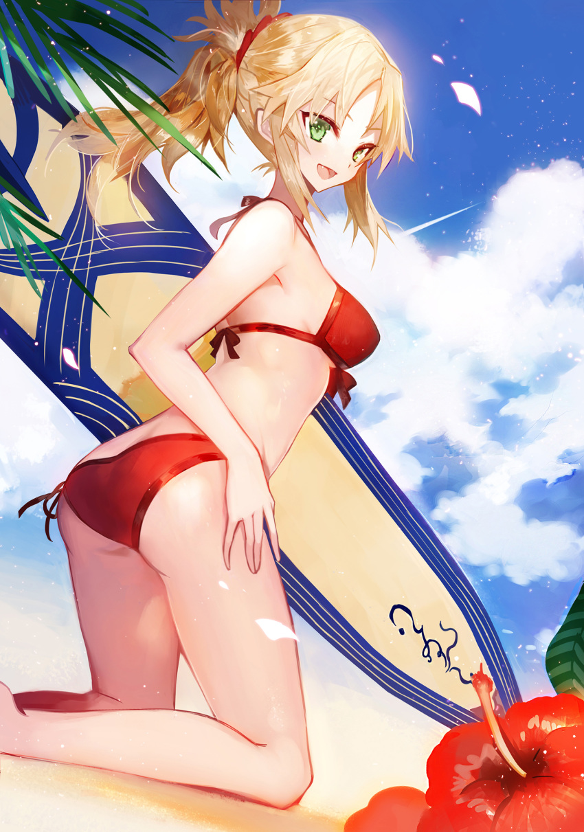 :d ass bangs bare_arms bare_legs bare_shoulders beach bikini blonde_hair blue_sky blush breasts cloud cloudy_sky commentary_request day dutch_angle eyebrows_visible_through_hair fang fate/grand_order fate_(series) feet_out_of_frame flower green_eyes highres kneeling long_hair medium_breasts moemoe3345 mordred_(fate)_(all) mordred_(swimsuit_rider)_(fate) open_mouth outdoors parted_bangs ponytail prydwen red_bikini red_flower sand side-tie_bikini sidelocks sky smile solo surfboard swimsuit