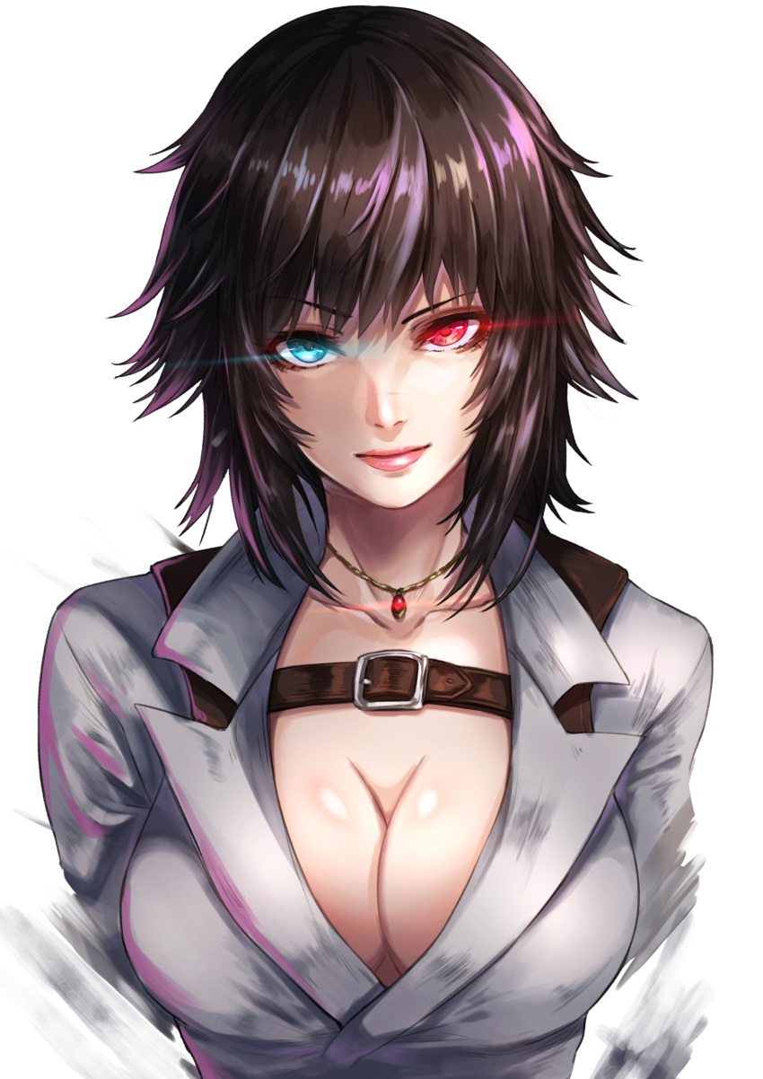 absurdres bangs belt_buckle black_hair blue_eyes breasts buckle cleavage closed_mouth collarbone devil_may_cry devil_may_cry_4 facial_scar glowing glowing_eyes heterochromia highres lady_(devil_may_cry) large_breasts looking_at_viewer medium_hair nose_scar pink_lips re_(re_09) red_eyes scar simple_background solo upper_body white_background