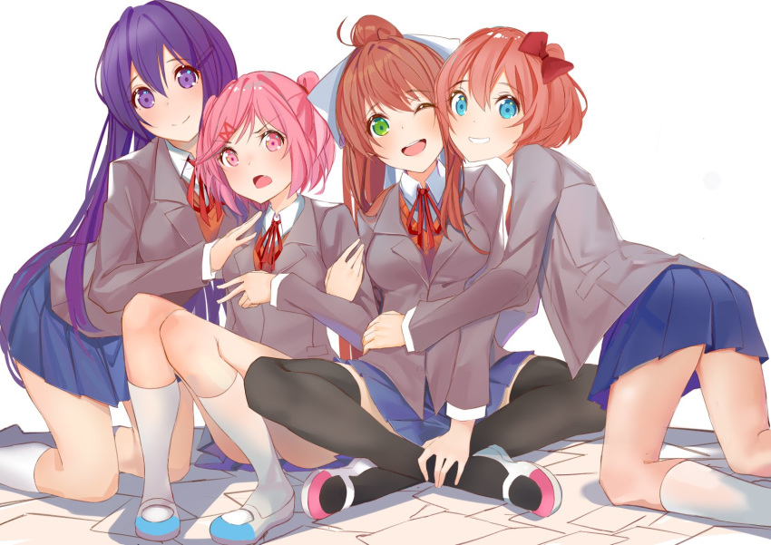 ;d arm_hug blue_skirt bow brown_hair cheek-to-cheek commentary crossed_legs d: doki_doki_literature_club english_commentary eyebrows_visible_through_hair eyes_visible_through_hair fang green_eyes grey_jacket hair_between_eyes hair_bow hair_ornament hair_ribbon hairclip hand_on_another's_shoulder highres jacket kneehighs kneeling long_hair looking_at_viewer monika_(doki_doki_literature_club) multiple_girls natsuki_(doki_doki_literature_club) one_eye_closed open_mouth pink_eyes pink_hair pleated_skirt ponytail purple_eyes purple_hair red_bow ribbon sayori_(doki_doki_literature_club) school_uniform shoes short_hair simple_background sitting skirt smile two_side_up uwabaki v v-shaped_eyebrows very_long_hair white_background white_legwear white_ribbon xhunzei yuri_(doki_doki_literature_club)