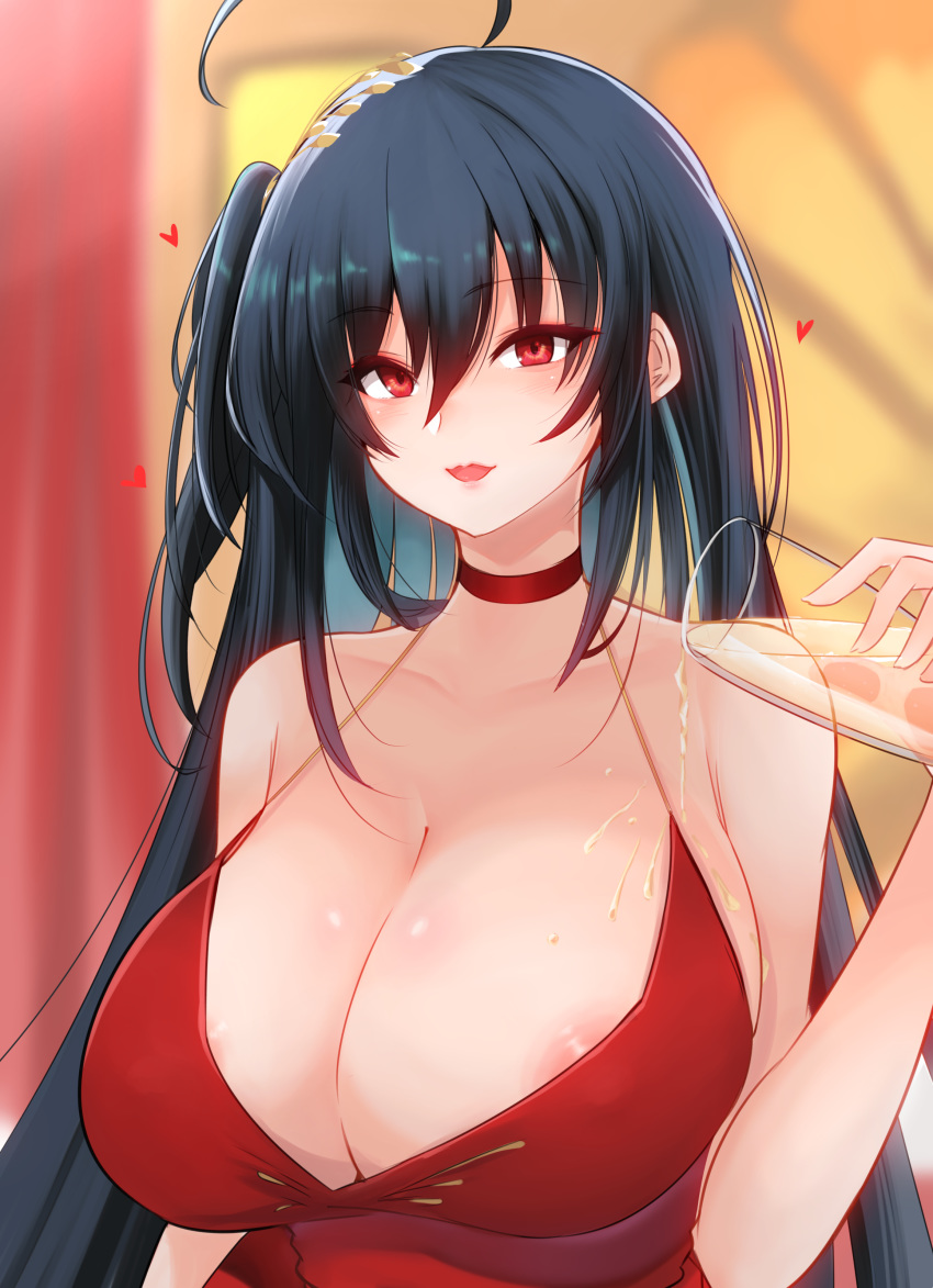 1girl absurdres ahoge alcohol areola_slip areolae azur_lane bangs bare_shoulders black_hair breasts champagne champagne_flute choker cleavage cocktail_dress cup dress drinking_glass eyebrows_visible_through_hair hair_between_eyes heart highres huge_breasts long_hair looking_at_viewer one_side_up open_mouth pouring red_choker red_dress red_eyes smile solo taihou_(azur_lane) upper_body very_long_hair