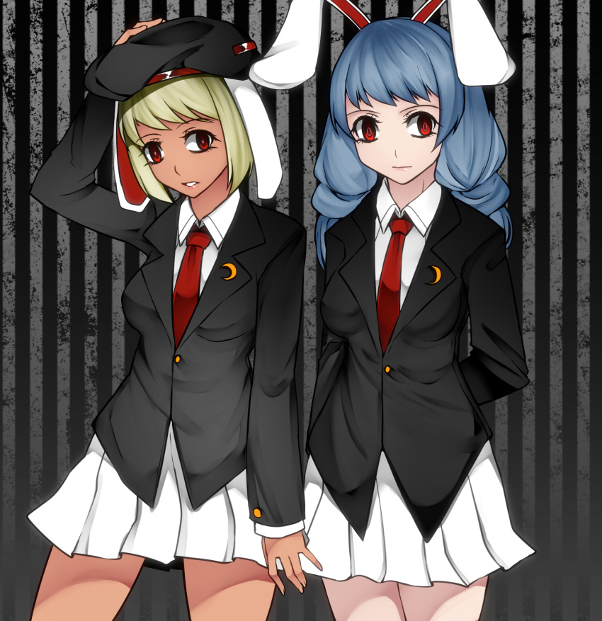 alternate_costume animal_ears aoshima arm_up arms_behind_back beret black_background black_hat blazer blonde_hair blue_hair breasts bunny_ears commentary_request cosplay cowboy_shot grey_background hand_on_headwear hat highres jacket long_hair long_sleeves looking_at_viewer medium_breasts miniskirt multiple_girls necktie parted_lips pleated_skirt red_eyes red_neckwear reisen_udongein_inaba reisen_udongein_inaba_(cosplay) ringo_(touhou) seiran_(touhou) shirt short_hair skirt standing striped striped_background tan thighs touhou vertical-striped_background vertical_stripes white_shirt white_skirt wing_collar