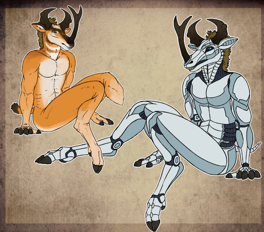 2015 3_toes 5_fingers abs android anthro biceps biped black_body black_fur black_hooves black_horn blue_eyes border brown_background brown_border brown_mane brown_tail cloven_hooves collarbone convicted-clown countershade_face countershade_legs countershade_torso countershading digital_drawing_(artwork) digital_media_(artwork) digitigrade dipstick_tail forked_horn frown full-length_portrait fur gloves_(marking) grey_body grey_tail hairless hooved_fingers hooves horizontal_pupils horn inner_ear_fluff machine male mammal mane markings metallic_body multicolored_fur multicolored_tail multiple_poses muscular muscular_male nude orange_fur orange_tail outline outside_border pecs portrait pose protoceratid robot short_tail simple_background sitting snout socks_(marking) solo suspended_in_midair synthetoceras tan_fur teeth textured_background toes two_tone_body two_tone_tail white_countershading white_fur