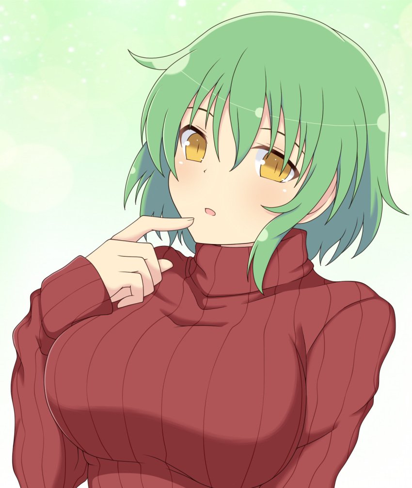 :o bangs blush breasts commentary_request eyebrows_visible_through_hair finger_to_mouth gradient gradient_background green_background hair_between_eyes hand_up head_tilt highres hikage_(senran_kagura) ichiryuu_tsumiki large_breasts long_sleeves looking_at_viewer open_mouth red_sweater senran_kagura short_hair slit_pupils solo sweater turtleneck turtleneck_sweater upper_body yellow_eyes