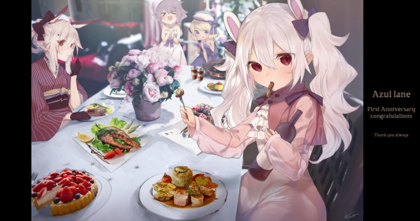 &gt;_&lt; :d animal_ears anniversary ayanami_(azur_lane) azur_lane bangs bare_arms bare_shoulders beret blue_dress blue_eyes blurry blurry_background bottle bow breasts brown_bow brown_gloves bunny_ears closed_eyes commentary_request copyright_name depth_of_field dress english eyebrows_visible_through_hair flower food_in_mouth food_request fork gloves hair_between_eyes hair_bow half_gloves halterneck hat head_tilt headgear holding holding_fork japanese_clothes javelin_(azur_lane) karinto_yamada kimono laffey_(azur_lane) light_brown_hair long_hair long_sleeves looking_at_viewer mouth_hold multiple_girls obi object_hug open_mouth parted_lips pink_dress pink_flower pink_rose plate purple_bow purple_hair red_eyes red_kimono rose sash silver_hair sleeveless sleeveless_dress sleeves_past_wrists small_breasts smile striped table thank_you twintails vase vertical-striped_kimono vertical_stripes white_dress white_flower white_hat white_rose xd z23_(azur_lane)