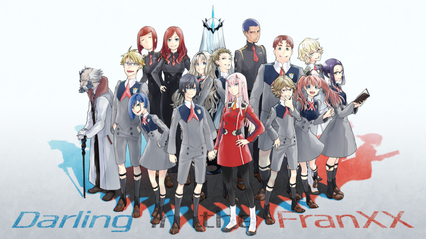 6+boys 6+girls ahoge bangs black_hair black_legwear black_pants blonde_hair blue_eyes blue_hair blue_hairband blue_horns book boots breasts brown_footwear brown_hair cane closed_eyes coat copyright_name darling_in_the_franxx dr._franxx dress everyone facial_hair from_behind futoshi_(darling_in_the_franxx) glasses gloves gorou_(darling_in_the_franxx) green_eyes grey_dress grey_shirt grey_shorts hachi_(darling_in_the_franxx) hair_ornament hairband hairclip hand_on_hip hands_on_hips high_ponytail highres hiro_(darling_in_the_franxx) holding holding_book holding_cane holding_hands horns ichigo_(darling_in_the_franxx) ikuno_(darling_in_the_franxx) interlocked_fingers kokoro_(darling_in_the_franxx) large_breasts light_blue_hair light_brown_hair long_coat long_hair long_sleeves looking_at_viewer medium_breasts miku_(darling_in_the_franxx) military military_uniform mitsuru_(darling_in_the_franxx) multiple_boys multiple_girls mustache nana_(darling_in_the_franxx) necktie nine_alpha oni_horns open_book orange_neckwear pants pantyhose pink_hair ponytail purple_eyes purple_hair purple_hairband red_dress red_hair red_horns red_neckwear shirt shoes short_hair shorts small_breasts sock_garters socks thick_eyebrows trulymoon twintails uniform white_coat white_footwear white_gloves white_hair white_hairband white_pants white_shirt yellow_eyes zero_two_(darling_in_the_franxx) zorome_(darling_in_the_franxx)
