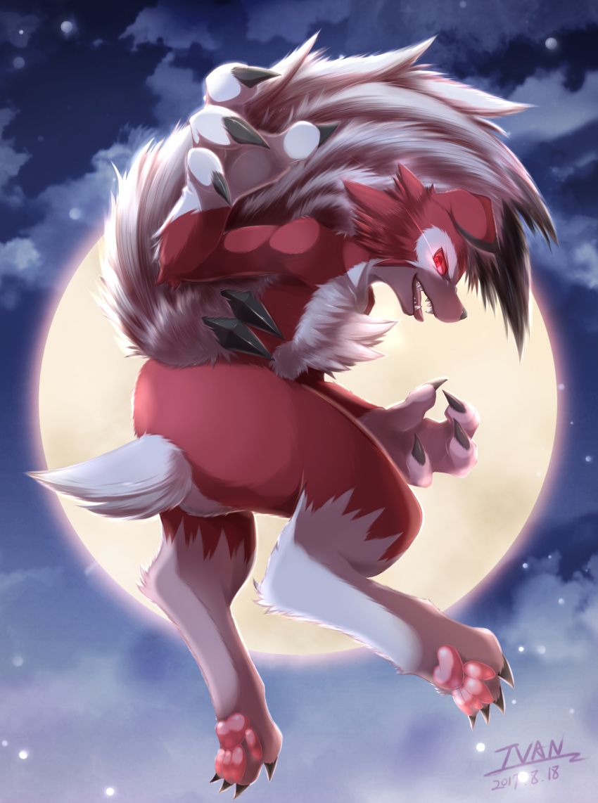 2017 ambiguous_gender anthro canine claws detailed_background fur ivan-jhang looking_at_viewer lycanroc mammal midnight_lycanroc moon nintendo nude pawpads pok&eacute;mon pok&eacute;mon_(species) red_eyes red_fur sky solo teeth tongue video_games white_fur