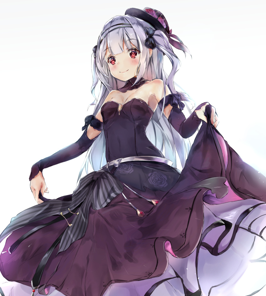 ajax_(azur_lane) azur_lane black_bow black_hat blush bow breasts closed_mouth commentary_request detached_sleeves dress flower gradient gradient_background grey_background hair_bow hanagin hat hat_flower highres long_hair long_sleeves mini_hat purple_dress purple_flower purple_rose red_eyes rose silver_hair sleeves_past_wrists small_breasts smile solo two_side_up vertical-striped_hat very_long_hair white_background