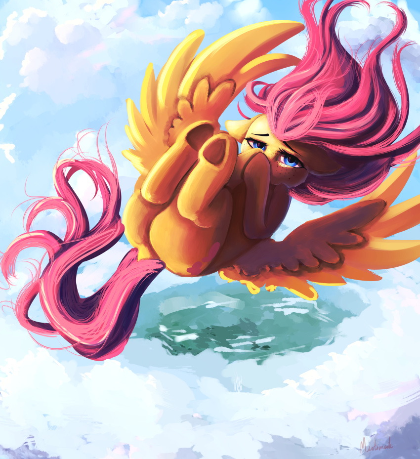 2018 absurd_res cloud equine feathered_wings feathers female feral fluttershy_(mlp) friendship_is_magic hi_res hooves looking_at_viewer mammal miokomata my_little_pony outside pegasus solo underhoof wings