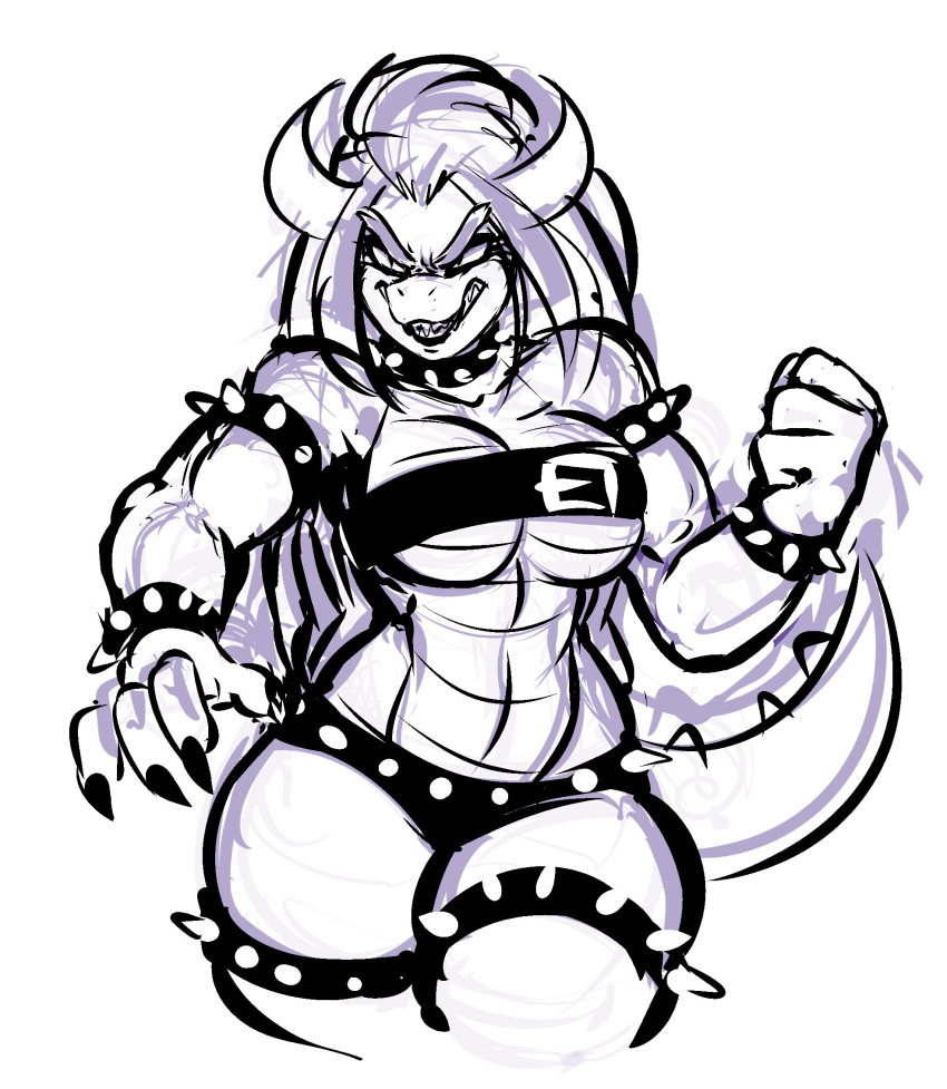 belt big_breasts bowser bracelet breasts clenched_teeth collar crossgender female fist hair horn jewelry koopa long_hair mario_bros monochrome muscular muscular_female navel nintendo scalie sem-l-grim sharp_nails sharp_teeth simple_background sketch solo spiked_armlet spiked_bracelet spiked_collar spikes spines teeth thick_tail thick_thighs video_games white_background